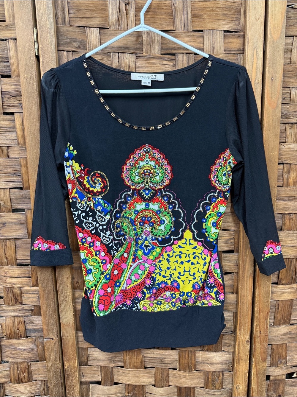 Forever LT Black Long Sleeve Scoop Neck Top with Multicolor Paisley Print